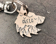 Load image into Gallery viewer, Wolf head dog tag, hand stamped metal dog tag with mountains & trees