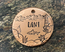 Load image into Gallery viewer, Dog tag, ocean design with shark & lighthouse