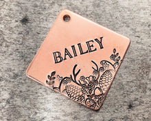 Load image into Gallery viewer, square rose gold dog id tag with forest design