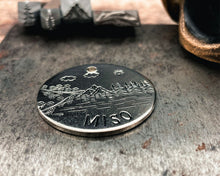 Load image into Gallery viewer, hand stamped pet id tag with mountain and trees