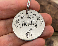 Load image into Gallery viewer, Winter dog id tag, hand stamped with reindeer and stars