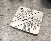 Load image into Gallery viewer, Metal dog tag, hand stamped square boy dog tag with foliage design