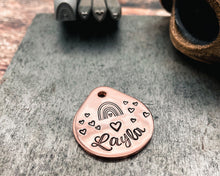 Load image into Gallery viewer, Cute small dog tag, tear drop pet id tag with heart and rainbow design, double-sided dog tag with 2 phone numbers