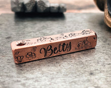 Load image into Gallery viewer, Girl dog tag with flowers, 4-sided bar dog tag, hand stamped microchipped pet id tag