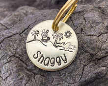 Load image into Gallery viewer, Small dog id tag, hand stamped with bunny and palm trees