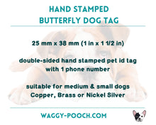 Load image into Gallery viewer, Daisy dog id tag, butterfly shaped pet tag, hand stamped with flowers