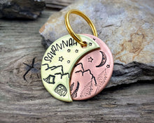 Load image into Gallery viewer, Moon dog tag, hand stamped with adventure design, moon, stars & trees