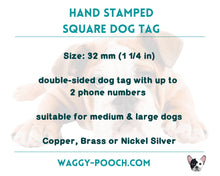 Load image into Gallery viewer, Square dog id tag, hand stamped with mountains, trees, moon & stars