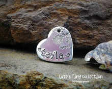Load image into Gallery viewer, Small heart pet id tag, Aluminum heart with flower design, lightweight cat id tag