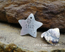 Load image into Gallery viewer, Small pet id tag, Aluminium star hand stamped with moon & stars, lightweight cat tag