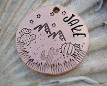Load image into Gallery viewer, Dog id tag, hand stamped with cactus design & mountains