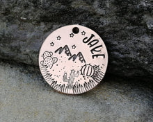 Load image into Gallery viewer, Dog id tag, hand stamped with cactus design & mountains