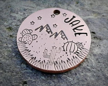 Load image into Gallery viewer, Dog id tag, hand stamped with cactus design & mountains