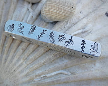 Load image into Gallery viewer, Bar tag, dog id tag, hand stamped with leaf design and 'chipped & loved'