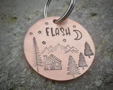 Load image into Gallery viewer, Dog id tag, hand stamped with mountains, trees & cabin