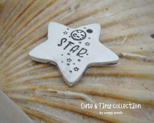Load image into Gallery viewer, Small pet id tag, Aluminium star hand stamped with moon & stars, lightweight cat tag