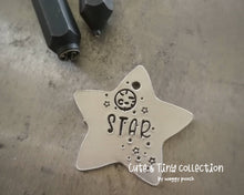 Load image into Gallery viewer, Small pet id tag, Aluminium star hand stamped with moon & stars, lightweight cat tag
