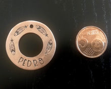 Load image into Gallery viewer, Washer dog tag, hand stamped with feathers