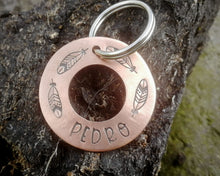 Load image into Gallery viewer, Washer dog tag, hand stamped with feathers