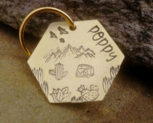 Load image into Gallery viewer, Hexagon dog id tag, hand stamped with adventure design, cactus & camper van