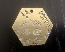 Load image into Gallery viewer, Hexagon dog id tag, hand stamped with adventure design, cactus & camper van