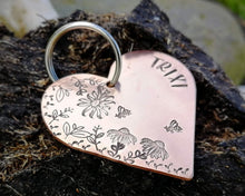Load image into Gallery viewer, Large heart dog id tag, hand stamped with flower design & bees