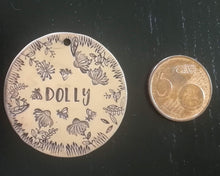 Load image into Gallery viewer, Large dog id tag, hand stamped with flower design & bees
