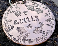 Load image into Gallery viewer, Large dog id tag, hand stamped with flower design & bees