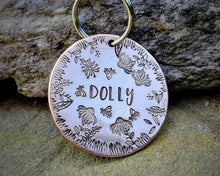 Load image into Gallery viewer, Large dog id tag, hand stamped with flower design & bees