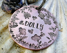 Load image into Gallery viewer, Large dog id tag, hand stamped with flower design & bees