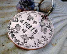 Load image into Gallery viewer, Large dog id tag, hand stamped with flower design & bees