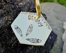Load image into Gallery viewer, Hexagon dog tag, hand stamped with boho design & feathers