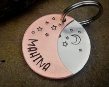 Load image into Gallery viewer, Dog id tag, crescent moon with stars, handstamped
