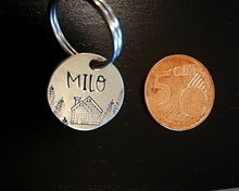 Load image into Gallery viewer, Cat name tag, hand stamped with trees & cabin