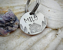 Load image into Gallery viewer, Cat name tag, hand stamped with trees & cabin