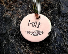 Load image into Gallery viewer, Cat id tag, hand stamped with feather design