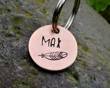 Load image into Gallery viewer, Cat id tag, hand stamped with feather design
