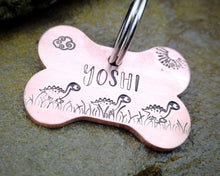 Load image into Gallery viewer, Bone dog tag, hand stamped with cute dino
