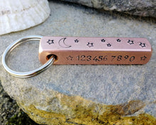 Load image into Gallery viewer, Bar tag, pet id tag, hand stamped with moon & stars