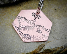 Load image into Gallery viewer, Hexagon dog tag, hand stamped with marine design, whale fluke & fish