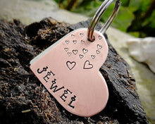 Load image into Gallery viewer, Medium dog name tag, hand stamped with hearts