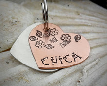 Load image into Gallery viewer, Small dog tag, hand stamped heart with flower design