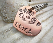 Load image into Gallery viewer, Small dog tag, hand stamped heart with flower design