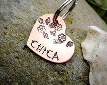 Load image into Gallery viewer, Small dog tag, hand stamped heart with flower design