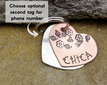 Load image into Gallery viewer, Small dog tag, hand stamped heart with flower design