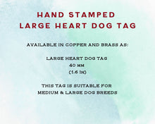 Load image into Gallery viewer, Large heart dog id tag, hand stamped with flower design & bees