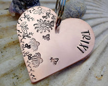 Load image into Gallery viewer, Large heart dog id tag, hand stamped with flower design & bees