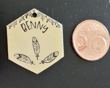 Load image into Gallery viewer, Hexagon dog tag, hand stamped with boho design & feathers