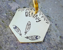 Load image into Gallery viewer, Hexagon dog tag, hand stamped with boho design & feathers