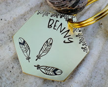 Load image into Gallery viewer, Hexagon dog tag, hand stamped with boho design & feathers
